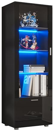 Generisch Schwarze Hochglanz-Vitrine mit Glastüren, LED-beleuchtete Glasvitrine, Vitrine, Bücherregal und Glasvitrine mit schwarzen Hochglanztüren (3 Regale)