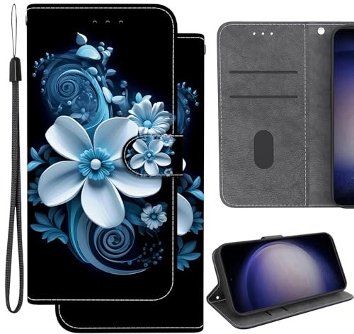 Ammeer Coque pour Infinix Hot 30i, PU Cuir Magnétique Flip Housse Étui Rabat Téléphone Cover Case Portefeuille Support avec Porte-Cartes Pochettes - Fleur Bleu