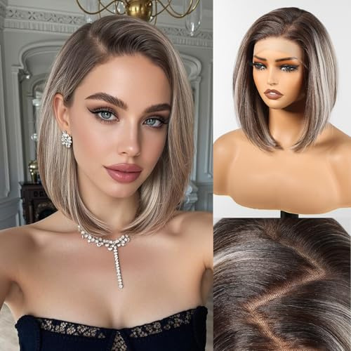HAIRCUBE 13x6 HD Synthetische Lace-Front-Perücke, 25 cm lange aschblonde Bob-Perücke mit natürlicher Haardichte, glatt, kleberlos, für Damen, für den täglichen Gebrauch