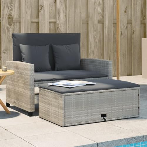 ChicAbode Gartensofa mit Kissen 2-Sitzer Outdoor Sofa mit Hocker mit Staufach, Couch mit abnehmbarm Bezug, Gartebmöbel Gartengarnitur Hellgrau Poly Rattan