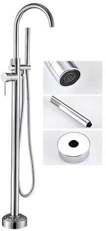 Robinet de baignoire autoportant, robinet de baignoire à montage au sol avec douchette à main et bec pivotant, bec pivotant à 360°, douche en métal à haut débit pour salle de bain, deux modes d'eau