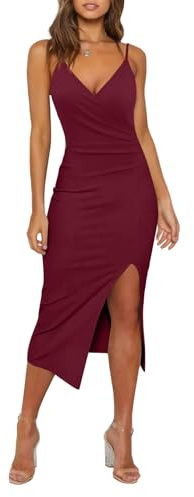WAYMAKER Spaghetti Strap Dresses for Women Sexy V Neck Wrap Ruched High Slit Bodycon Cocktail Party Formal Dress, Wine Red, Small