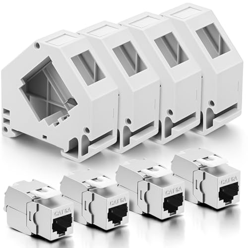 4 Módulos Keystone Cat 6A + 4 Adaptadores de Riel DIN, Soporte Keystone, Adaptador de Riel DIN Estándar de 35 mm para Módulos Keystone de Red Cat6a Cat6 Cat5e, Conector Blindado con Soporte
