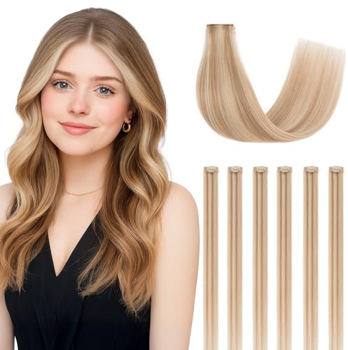 SEGOHAIR Clip in Hair Extensions Real Human Hair 6Pcs Golden Brown mix Bleach Blonde Highlights Double Weft Hairpieces Straight Hair Extensions Clip in Seamless 10inch 31g