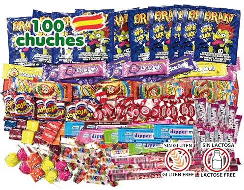 100 Chuches, Chupachups y Gominolas Fabricadas en España, Ideales Para Relleno de Piñata de Cumpleaños, Bolsas Cumpleaños Infantil, Fiestas, Navidad, Halloween - Sugus, Kojak, Caramelos, Golosinas