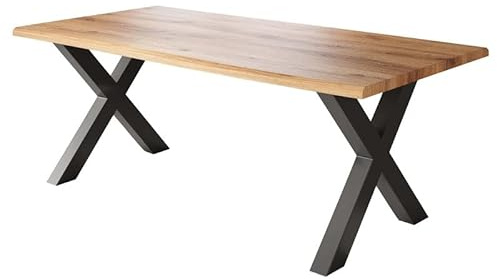 Loreno Esstisch - 200 cm x 100 cm – 4 cm MDF Tischplatte, Wildeiche-Optik – X-Gestell – Schwarz - Perfekt für Esszimmer und Küche