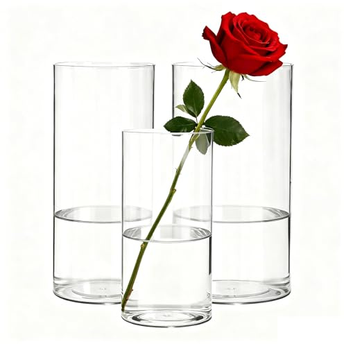 Koelaa 3 Teiliges Set Transparente Acryl-Blumenvasen, Kunststoff-Zylindervasen, Modernes Vasen-Set für Blumenarrangements, Tischdeko, Einweihungsparty & Hochzeitscenterpieces(10x20 & 12x25 & 15x25cm)