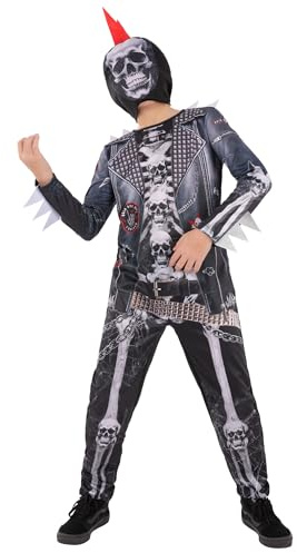 Smiffys Boys Punk Skeleton Costume with Spiked Skull Print All In One and Hooded Mask Halloween Fancy Dress Outfit for Kids, Age 4-6