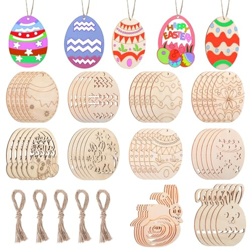 50 Stück Holzanhänger zum Bemalen Osterdeko Ostern Basteln Ostereier zum Aufhängen, Ostereier zum Bemalen Ostern Deko Holzeier Holzanhänger mit Osterhase Motiv für Osterbaum, Osterdeko zum Aufhängen