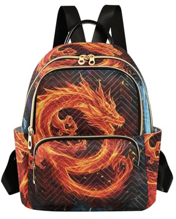 ODAWA Fire Ice Dragons Schwarzer gesteppter Rucksack mit Reißverschlusstasche auf der Rückseite für Schule, Arbeit, Reisen, Fire Ice Dragons Black, Small, Tagesrucksäcke