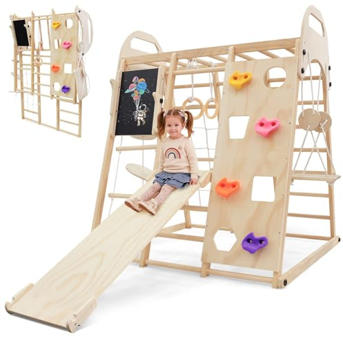 Maxi Klettergerüst Indoor, 12 in 1 Multifunktional Klettergerüst Klappbar aus Massivem Holz, Indoor Spielplatz mit Tafel, Schreibtisch, Schaukel, Rutsche, 2-in-1-Kletterwand, Kletterdreieck