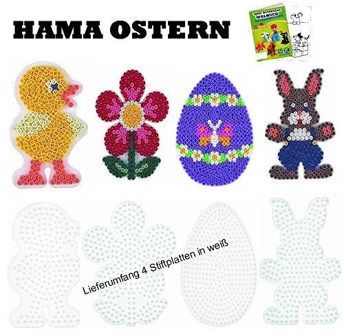 HAMA Stiftplatten-Set midi Ostern Osterei + Küken + Häschen + Blume + Malheft