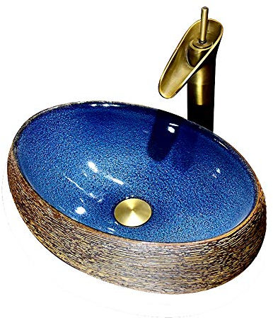 Badezimmer blau gehärtetes Glas Waschbecken, Schminktisch Pool Bowl Wasserfall, ohne Wasserhahn, Art Oval Basin,SmallA