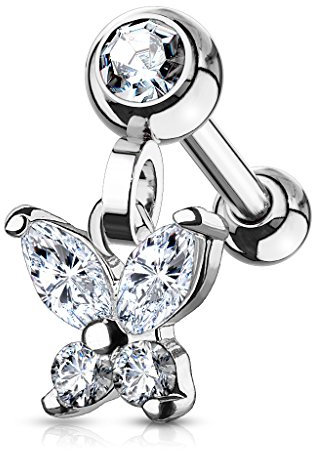 beyoutifulthings Knorpel 1 Ohr-stecker Schmetterling Anhänger Zirkonia Clear Silber Cartilage Piercing-s Tragus Edelstahl Schraub-Verschluss