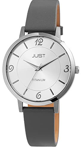 Just Leti Damen - Uhr Lederarmband Titangehäuse Ø 37 mm Titandornschließe Analog Quarz JU10185 (grau)