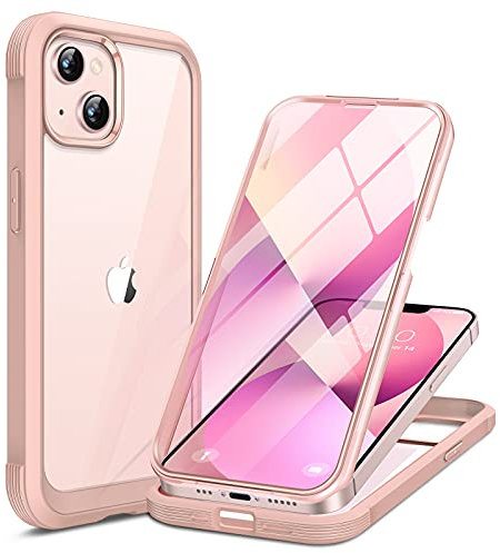 Miracase Compatible with iPhone 13 Case 6.1inch, [Built-in Glass Screen Protector] Full Body Rubber Bumper Clear Back Case Cover (Sand Pink)