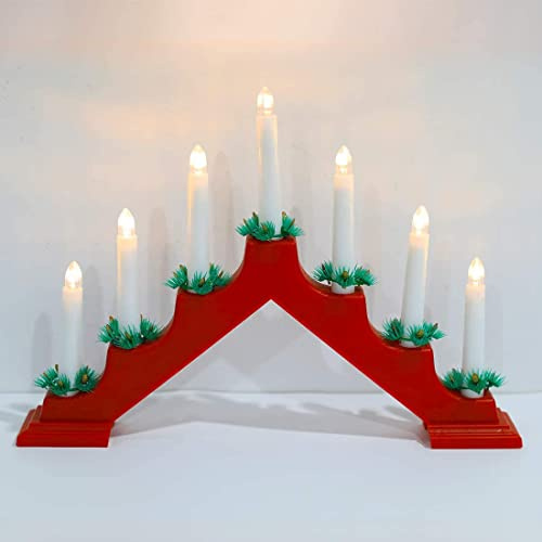 Sarrah Little Store 7 LED Wooden Christmas Candle Bridge - Battery Operated - Window Decoration Arch - Indoor Warm White Light - Xmas Festive Pre-Lit (Red)
