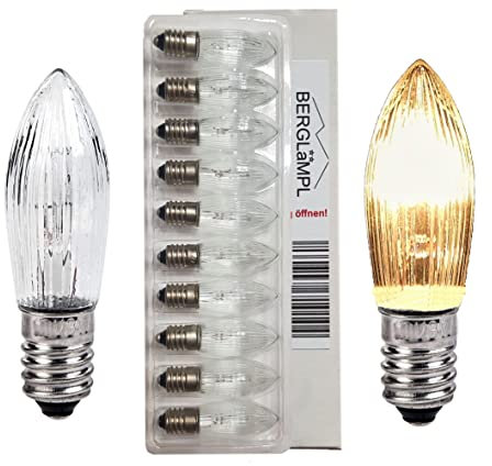 Berglicht 10x Glühbirne 'Berglämpl' E10 15V/3W Riffelkerze Spitzkerze Topkerze Glühlämpchen für Schwibbogen und Lichtbögen, Glasklar