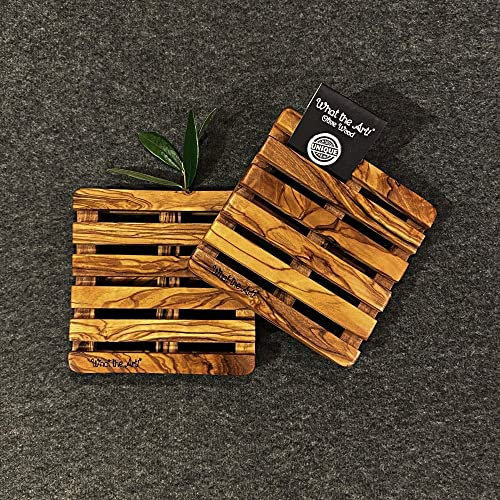 What the Art!® Olive Wood «Palette» Gr. S | 2er Set Olivenholz Untersetzer | Handarbeit | 10,5 x 10,5 x 2 cm | Glasuntersetzer - Tassenuntersetzer - Bierdeckel