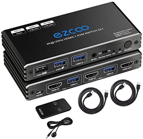8K HDMI 2.1 KVM Switch 4K 120Hz 8K 60Hz USB 3.0 Hotkey 48Gbps IR Remote 2 Ports KVM Switch Share 2 Computers with one Keyboard Mous HDR D-olby Vision HDCP2.2 Control USB3.0 Cable x2