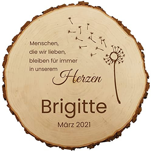 Baumscheibe 18cm mit Gravur (Namen, Datum) personalisierte Holz-Gedenktafel, Grabschmuck, Trauer Gedenkschild, Andenken an Verstorbene, Grab-Dekoration Grabschild Pusteblume MotivTR5