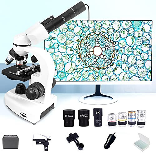 QJJML Microscope Composé Biologique + Oculaire électronique 800 MP, Pied à Coulisse Mobile/Support De Téléphone/30 Spécimens, pour Laboratoire Scolaire, éducation Biologique à Domicile,12000X