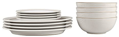 Denby - Natural Canvas Dinner Set for 4-12 Piece White, Beige Ceramic Stoneware Tableware Plate & Bowl Set - Dishwasher Safe Crockery - Includes 4 x Dinner Plates, Small Plates, Cereal Bowls