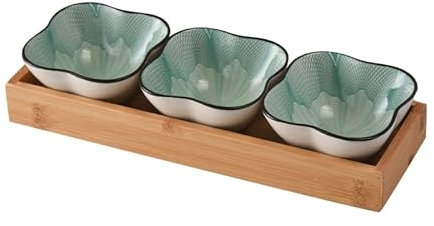 Keramik Servierschalen Set 3er Dip Schälchen mit Bambus Servierplatte, Ideal für Tapas, Antipasti, Sushi,Raclette oder Fondue (GB6005)