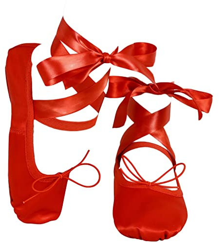 Satin Ballet Dance Shoes Full Suede Sole - Flat Slippers with Silky Ribbon Gymnastics Shoes for Child Adult Girls Women Red