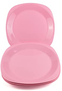Buzztrove 4 Pcs Flat Plastic Plates | S/M/L Unbreakable Kids Plates for Outdoor Parties, Colorful Picnic Plates | E-Co Friendly Reusable Plastic Plates (Medium 23 x 23cm, Pink)