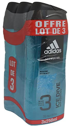 Adidas ICE DRIVE 3 in 1 Refreshing SHOWER GEL for Hair Body and Face for MEN (3 pack) 250ml / 8.4 fl oz each