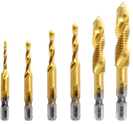 Bonsicoky 6 Pcs Combination Tap and Drill Bit Set, Multi Use Countersink Hex Bit Set, M3 M4 M5 M6 M8 M10, Gold