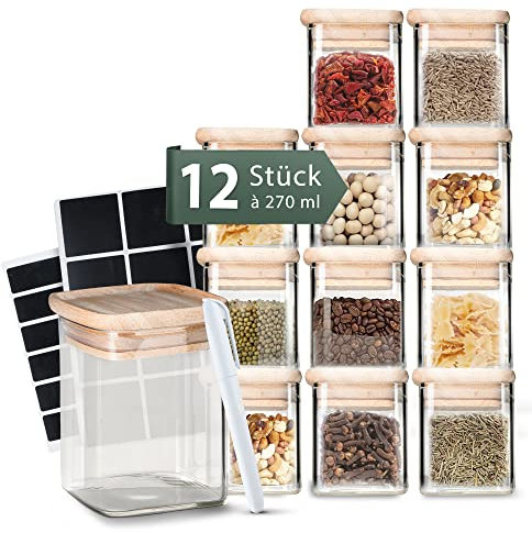 Stapelbare Gewürzgläser Set 270 ml Eckig - 12 Stück - Vorratsdosen aus Glas luftdicht - Bambus Holzdeckel - mit Etiketten & Kreidestift - Gewürzaufbewahrung, Küchenorganisation, Vorratsglas