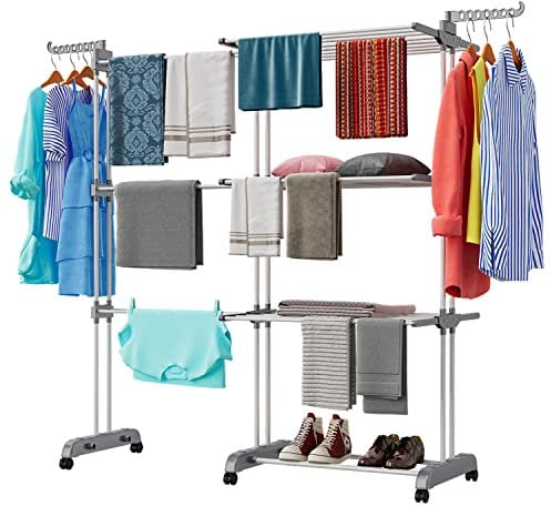 Shrivee 3 Niveles Tendedero Torre Vertical 75-200cm Extensible Plegable Resistente Portatil Acero Inoxidable Clothes Drying Rack para Exterior Terraza Balcon (Gris)