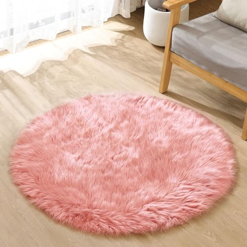 ORINOVA Teppich Rund Rosa Flauschig Fellteppich 90 cm Kinderzimmer Kunstfell Teppich Schlafzimmer Kuschel Weich Bettvorleger Deko Waschbar