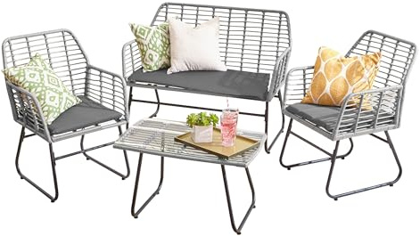 Neo Garden Patio Furniture Wicker Rattan Chair Table Sofa Outdoor Indoor Balcony Conservatory Cushion Set (Dark Grey)