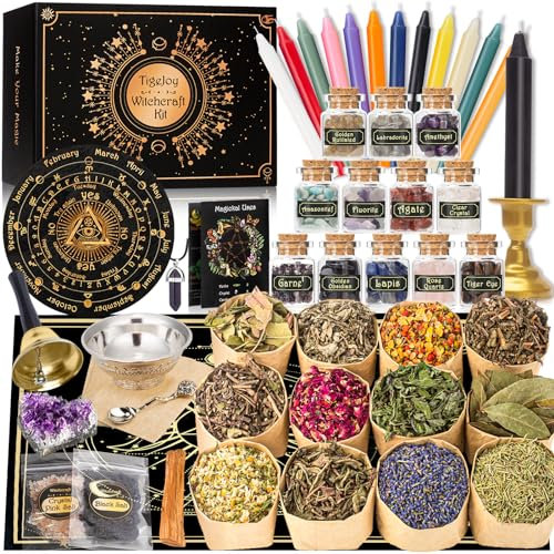 Witch Spell Kit 60PCS, Wiccan Supplies and Tools - Herb Crystal Candle Amethyst Altar Bowl Bell - Wiccan Starter Kit Altar Supplies Pagan Decor
