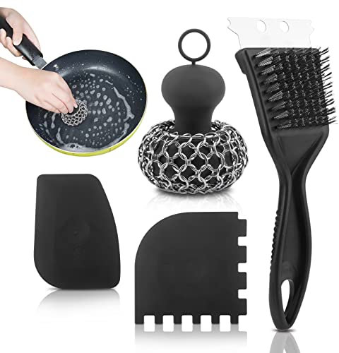 Jaeskeclip 4pcs Cleaning Tool, Stainless Steel Cast Iron Skillet Cleaner, Cast Iron Scrubber Kit,Chainmail Scrubber with Scraper Tool for Cast Iron Pans, for Cast Iron Pans, Grill, Sinks(Black)
