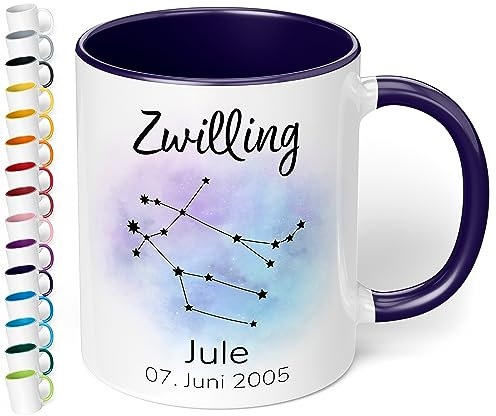 Sternzeichen Tasse mit Namen, Datum und 12 Sternenbilder personalisiert – 330ml Keramik Kaffeebecher, kleine Geschenke für Kollegen Frauen Männer Büro Geburtstag Weihnachten (Kobaltblau)