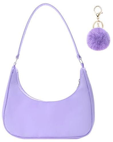 Aucuu Umhängetasche Damen Handtasche, Nylon Retro Achsel Tasche mit Pom-Pom-Schlüsselanhänger, Y2k Fashion Unterarmtasche mit Reißverschluss-Geschenk für Weihnachten und Geburtstag, Weiß