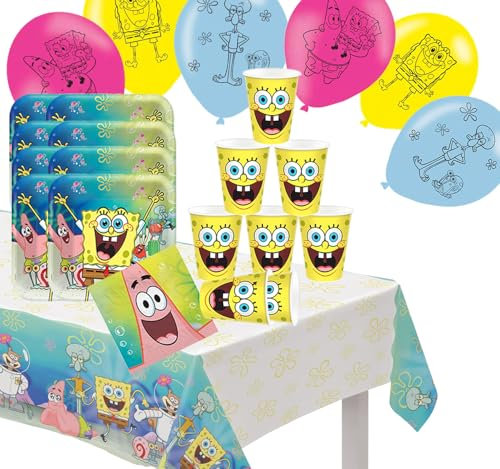 Party-Set Kindergeburtstag Geburtstag Auswahl Mädchen & Jungen Party-Zubehör Geschirr Luftballon (Spongebob Schwammkopf) Mehrfarbig