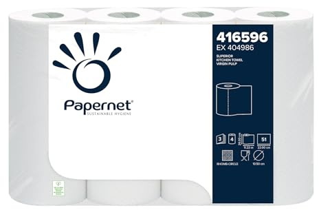 Papernet, 32 Rollen Küchenrolle, 3-lagig | (416596), 51 Blatt pro Rolle, Reiner Zellstoff Weiß, geprägte Wischtücher, für Lebensmittelkontakt geeignet, Made in Germany