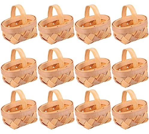 MAGICLULU Mini Woven Basket with Handle Wooden Small Basket 3 X 2.6 X 2 Inches Handmade Wood for Home Ornaments Wedding Party Favors Crafts