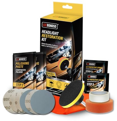 LOCBONDSO Kit de restauración de faros, limpiador de faros de 3 pasos, pulido y restaura la lente amarillenta, oxidada, nublada de nuevo a como nueva, incluye pastas de pulido, discos de lijado