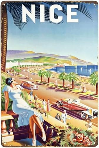 Vintage-Blechschilder „Nizza France Travel“, Vintage-Metallblechschilder, Retro-Garagenschilder für Männer, Wanddekorationen, Poster, Öl- und Tankstellenschild, Männerhöhlendekoration, 20,3 x 30,5 cm