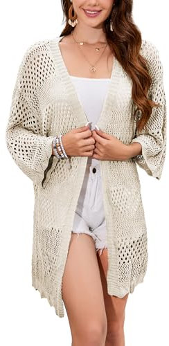 Famulily Women's Crochet Hollow Cardigans Summer Open Front Outwear 3/4 Sleeve Sun-Proof Cardigans (XL, Beige)