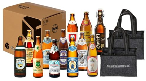 BIERPAKET 12x 0,5L Bayrische Biere + 2 Filz Männerhandtasche Testpaket Geschenk für Männer Geburstatg Jubiläum Ostern Geschenkidee Papa Mann Opa Onkel Vatertag Himmelfahrt