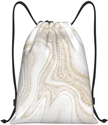 ButxeT Rucksack mit Kordelzug, Unisex-Strangtasche, Sport-Turnbeutel, lässiger Tagesrucksack, Kordelzug-Sackpack,Weißer Marmor-Gold-Glitzer
