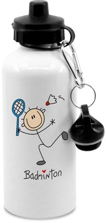 Badminton stick figure water bottle with clip, sports, activities, games, hydrate, drinks bottle, drinking bottle, water bottle