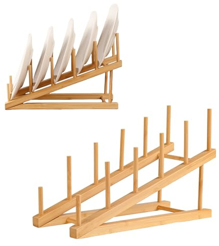 SRYESA 2 Pack Plate Stands For Display,Wooden Plate Holders for Displaying,5-Tier Craft Show Display Stands For Tabletop Book, Artwork, Photo, Puzzle, Magazine and Platter